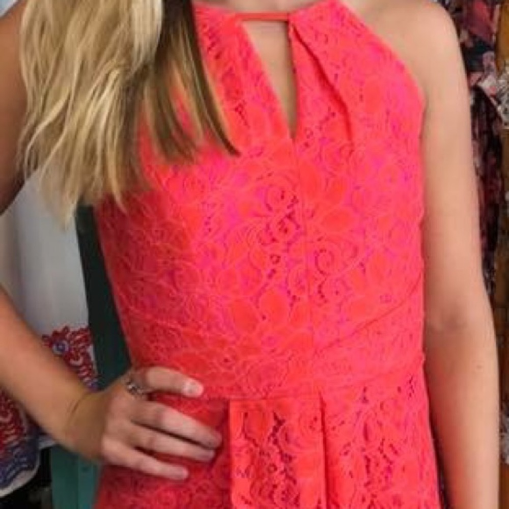 Adelyn Rae Coral and Pink Fit & Flare lace dress, size M - NWT